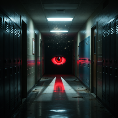 Драматичная сцена из Danganronpa: тёмный школьный коридор с одним светящимся красным глазом Монокумы в темноте, символизирующая триллер и достижение франшизой 10 млн продаж.