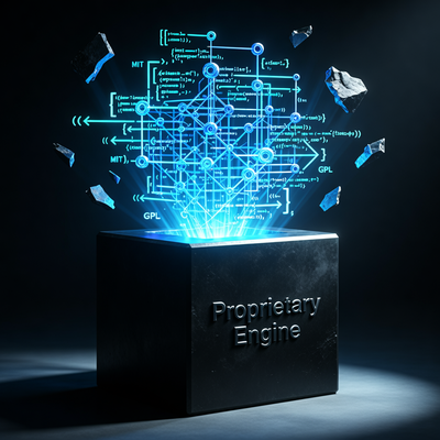 Символическое изображение открытого исходного кода s&box, пробивающегося из темного проприетарного движка, с драматическим освещением.