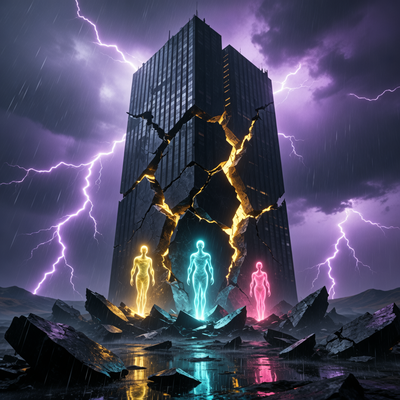 Символическое изображение гигантской корпоративной структуры, трескающейся и разделяющейся на три части в драматичном, штормовом пейзаже, отражающее сокращение убытков и предстоящее разделение компании.