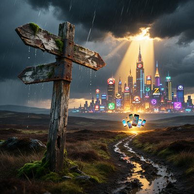 Древний указатель на перепутье в драматичном штормовом пейзаже символизирует выбор Ubisoft между проверенными франшизами и новыми мобильными амбициями.