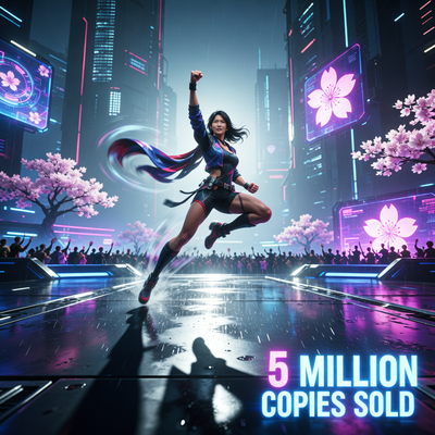 Драматичная сцена из Street Fighter 6: персонаж в победной позе на фоне футуристической арены, символизирующая успех игры с 5 миллионами проданных копий.