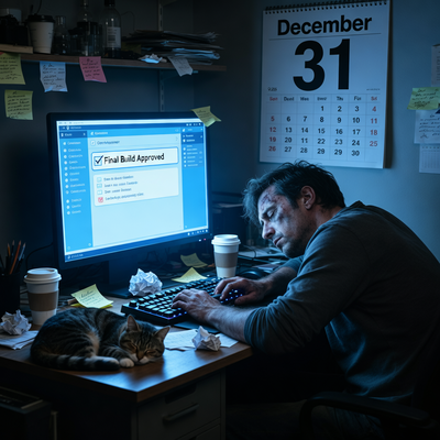 Уставший разработчик игр за рабочим столом в канун Нового 2025 года, завершающий последнюю задачу на компьютере, символизируя выгорание и стратегическую паузу в индустрии.