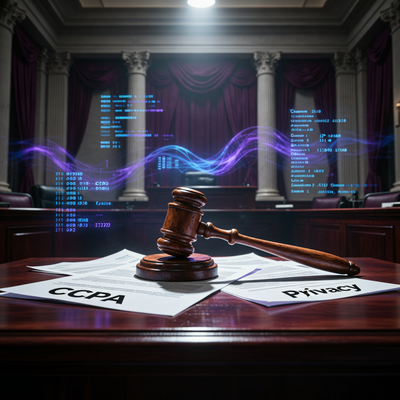 Драматическая сцена в зале суда с большим молотком и документами о конфиденциальности, символизирующая судебное разбирательство Jam City за нарушение приватности игроков в Калифорнии.