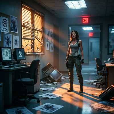 Лара Крофт в пустом офисе Crystal Dynamics с драматическим освещением, символизирующая тревожные увольнения и будущее студии.