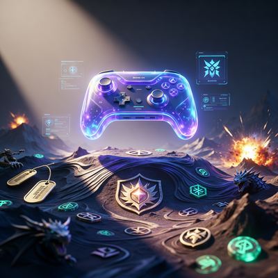 Футуристическая игровая консоль парит над абстрактным ландшафтом с символами популярных игр 2025 года, отражая блокбастеры и ностальгию в игровой индустрии.