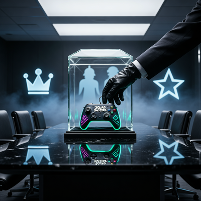 Драматичная сцена в кинематографичном стиле: стилизованный геймпад Squad Busters помещается в прозрачный гроб в затемнённой комнате, с резким светом и символами других игр Supercell на заднем плане.