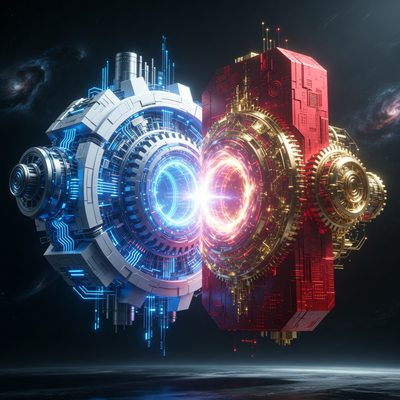 Два гигантских игровых движка Unity и Unreal Engine сливаются в единый портал света, символизируя стратегическое партнерство для открытой метавселенной.