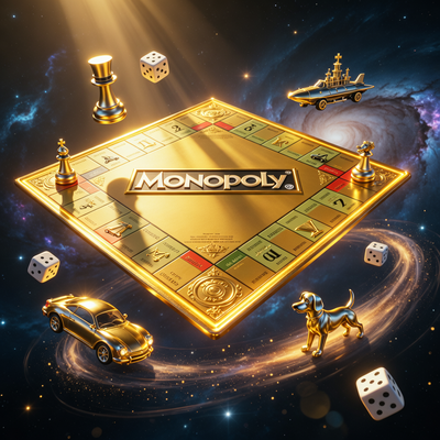 Кинематографичная сцена: золотая доска Монополии парит в космическом пространстве, игральные кости летят сквозь звёздную пыль, драматическое освещение подсвечивает фигурки игры, символизируя рекордный успех.