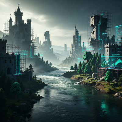 Мощная река устойчивого успеха течет через футуристический ландшафт игровой разработки с драматическим освещением, символизируя переход русскоязычного геймдева от точечных хитов к устойчивому потоку проектов.