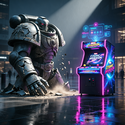 Контраст между падением продаж новинок и ростом бэк-каталога Focus Entertainment, изображённый через разрушающуюся статую Warhammer 40,000 и сияющий аркадный автомат Marvel.