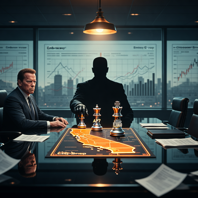 Драматичная сцена в корпоративном зале заседаний, где теневая фигура Embracer Group манипулирует шахматными фигурами AP7 и Activision Blizzard на карте Калифорнии, а Бобби Котик противостоит этому.