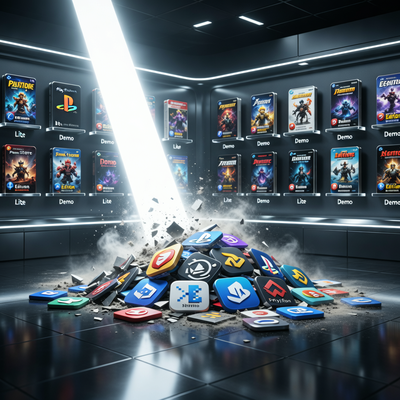 Драматическая сцена очистки цифровой библиотеки игр, символизирующая удаление низкокачественного контента из PlayStation Store.