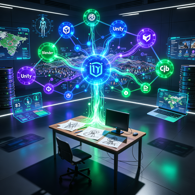 Визуализация перехода Xsolla от платежного шлюза к масштабной экосистеме для разработчиков игр: взаимосвязанные цифровые инструменты в футуристическом стиле.