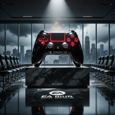 Колоссальный геймпад на аукционе в корпоративном зале при драматическом освещении, символизирующий продажу EA за $55 млрд и консолидацию игровой индустрии.