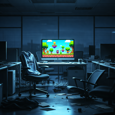 Пустой офис Ubisoft Abu Dhabi ночью с единственным работающим монитором, на котором видна игра Growtopia, символизирующая сокращение штата и новый фокус студии.