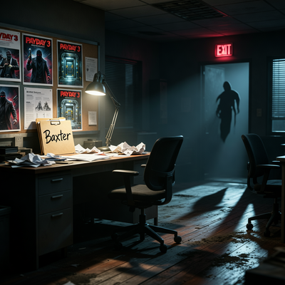 Пустой темный офис Starbreeze Studios ночью с драматическим освещением от настольной лампы, освещающей разбросанные концепт-арты PAYDAY 3 и папку проекта Baxter.