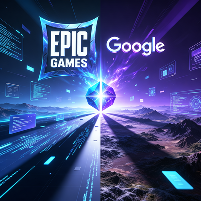 Символическое изображение стратегического партнерства Epic Games и Google: их логотипы сливаются в единый символ на фоне цифрового ландшафта Android и игрового движка.