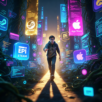 Инди-разработчик пробирается через плотный цифровой лес из иконок игр в магазине Steam, символизируя поиск органического трафика.