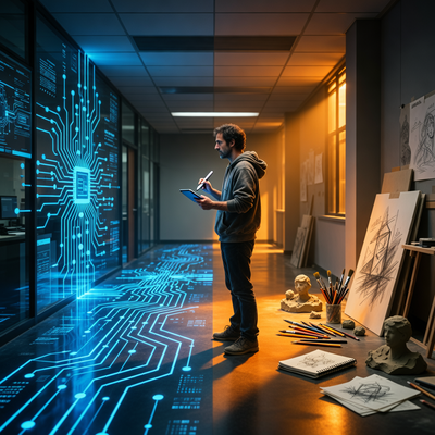 Разработчик игр стоит на перепутье в темном офисе, выбирая между светящимися схемами ИИ и традиционными инструментами творчества.