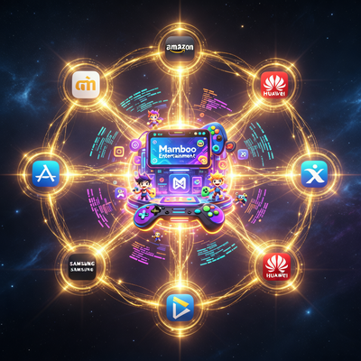 Символическое изображение успеха Mamboo Entertainment: сеть дистрибуции игр с центральной студией, окруженной альтернативными платформами, в кинематографическом стиле.