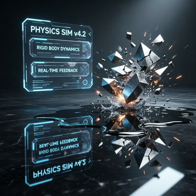 Кинематографичная 3D-сцена, демонстрирующая точную физическую симуляцию твёрдых тел и гиперреалистичные отражения в луже на полированном полу, символизирующие обновления Godot 4.6.