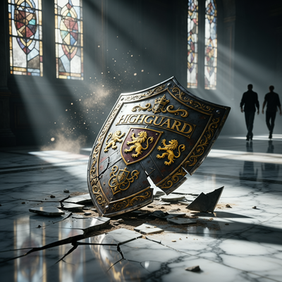 Разбитый фэнтезийный щит 'Highguard' на треснувшем мраморном полу в драматичном свете, символизирующий провал амбициозного проекта студии ветеранов игровой индустрии.