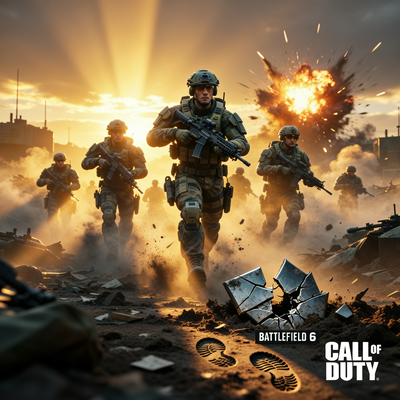 Драматическая сцена из Battlefield 6 с солдатами в сумерках, символизирующая победу игры над Call of Duty в продажах 2025 года в США.