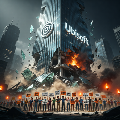 Драматическое изображение символического краха корпорации Ubisoft: небоскреб рушится, у его основания собрались протестующие сотрудники.