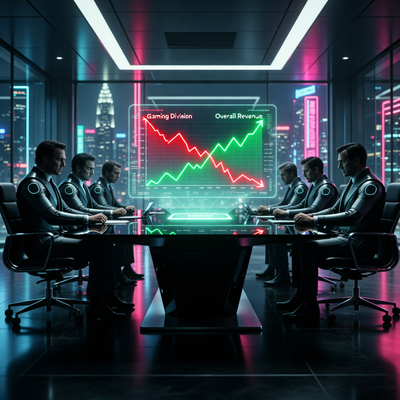 Драматичная сцена в футуристическом зале заседаний: голографический график показывает резкий спад в игровом подразделении Microsoft на фоне общего роста выручки.