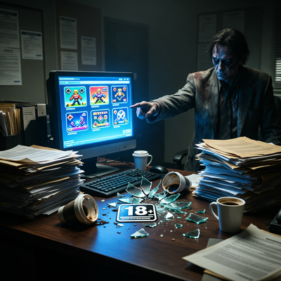 Теневой бюрократ в кабинете указывает на экран с немаркированными играми, символизируя внесудебную блокировку.