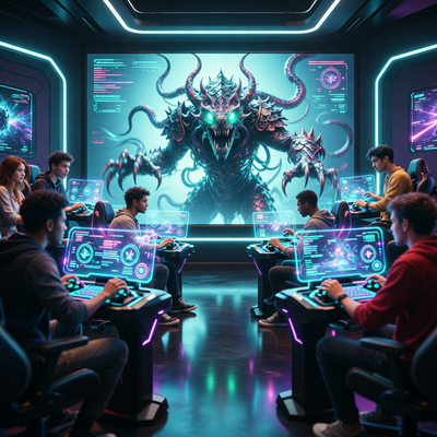 Игроки в кооперативной игре совместно сражаются с монстром на футуристическом экране, символизируя рост кооперативных игр на Steam до 37% в 2025 году.