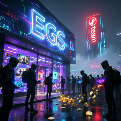 Кинематографичная сцена: огромное витринное окно цифрового магазина EGS ярко светится, привлекая толпу геймеров-силуэтов, но монеты утекают к конкуренту.