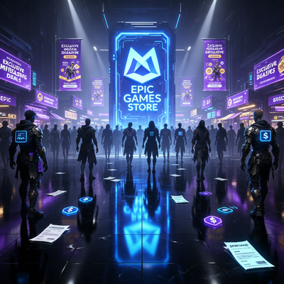 Визуализация Epic Games Store в 2025 году: впечатляющий рост трат на игры на фоне снижения активности пользователей, представленная через футуристическую цифровую сцену.