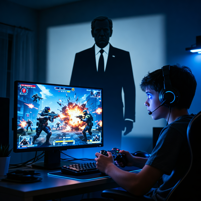 Геймер в темной комнате, освещенный светом экрана с жестокими игровыми сценами, на фоне силуэта политического лидера, символизирующего конфликт между видеоиграми и цензурой.