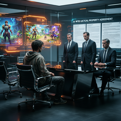 Драматичная сцена в корпоративном зале заседаний с тенями от резкого освещения, символизирующая конфликт вокруг запрета ИИ в разработке игр.