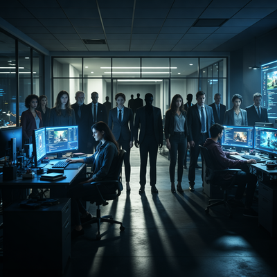 Драматичная сцена в офисе игровой студии: сотрудники объединились в протесте против руководства, освещенные мониторами, в то время как силуэты совета директоров видны на заднем плане.