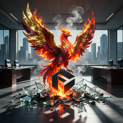 Феникс, возрождающийся из пепла старого логотипа Embracer Group, символизирующий выход из кризиса и ребрендинг в Fellowship Entertainment.