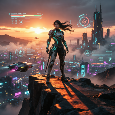 Футуристическая воительница из Stellar Blade на фоне киберпанк-города с голографическими элементами мобильной игры Nikke, символизирующая успех студии Shift Up в 2025 году.