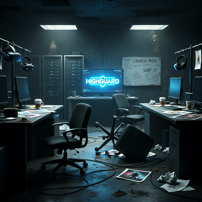 Пустой офис студии разработки игр после массовых сокращений, с монитором, показывающим логотип Highguard, символизирующий быстрый крах проекта.