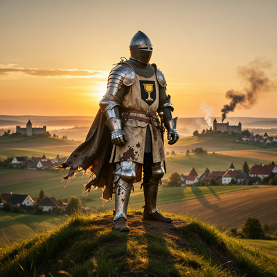 Рыцарь в средневековых доспехах стоит на холме на фоне заката в реалистичной Богемии, символизируя успех Kingdom Come: Deliverance II, преодолевшей 5 миллионов проданных копий.
