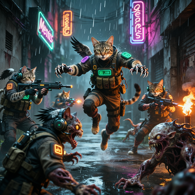 Сцена из игры Mewgenics: гибридные кошачьи воины в тактическом бою с монстрами, кинематографичная графика и драматическое освещение.