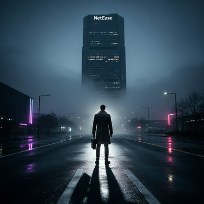 Символическое изображение независимости студии Anchor Point от NetEase: фигура на перепутье в корпоративном ландшафте с удаляющимся небоскребом NetEase.