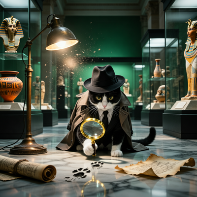 Кот-детектив в стиле нуар расследует загадку в таинственном музее при драматическом освещении — иллюстрация к игре Feline Forensics.