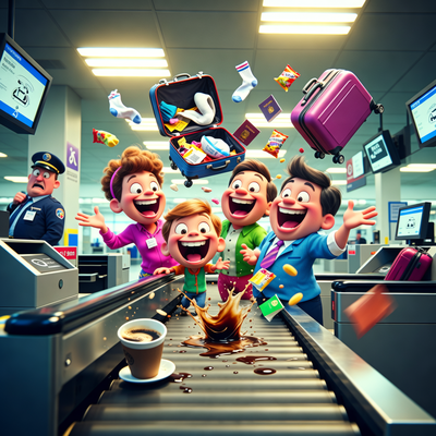 Четыре персонажа в ярком хаотичном аэропорту смеются, разбирая багаж, в стиле веселого кооперативного симулятора.