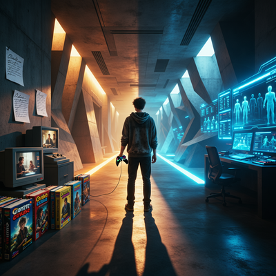 Разработчик игр стоит на перепутье в сюрреалистическом, меняющемся интерьере Старейшего Дома из игры Control, символизируя выбор Remedy между традиционным сторителлингом и новой реальностью игр-сервисов.