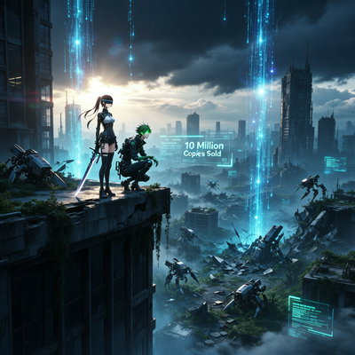 Андроиды 2B и 9S из NieR: Automata в драматичной сцене на фоне футуристического разрушенного города, символизирующей достижение 10 миллионов проданных копий игры.