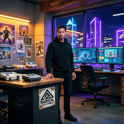 Визуализация возрождения игровой студии в Ванкувере: арт-директор в современном офисе с элементами наследия Radical и Hothead, подчёркивающая слияние эпох.
