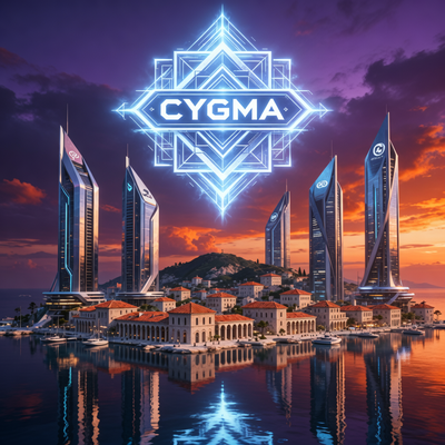 Символическое изображение новой ассоциации CYGMA над футуристическим кипрским городом, представляющее рост игровой индустрии острова.