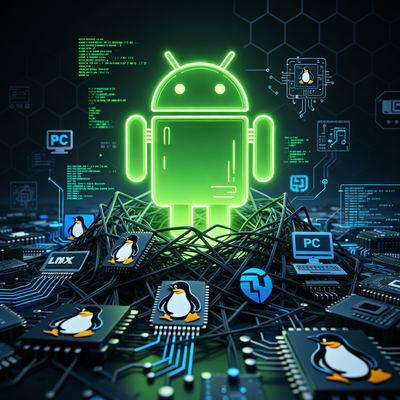 Скриншот интерфейса Steamworks с иконкой Android на фоне символов ПК и Linux, символизирующий возможную интеграцию мобильных игр в платформу Steam.