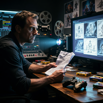 Легендарный игровой сценарист Даниэль Вавра в момент перехода к роли трансмедийного директора, сосредоточенно смотрящий на кинопроектор со сценарием в руке.
